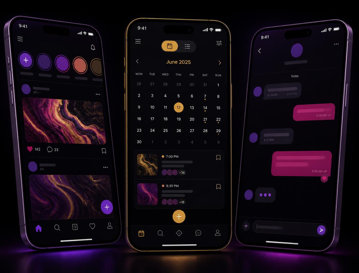 Três celulares exibindo o feed, os eventos e o chat do Conexão Privada em modo escuro